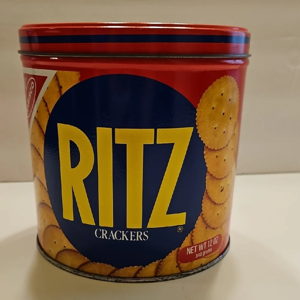 Vintage 1982 Nabisco RITZ Crackers Tin 12 oz Round Metal Canister With Lid 6”H